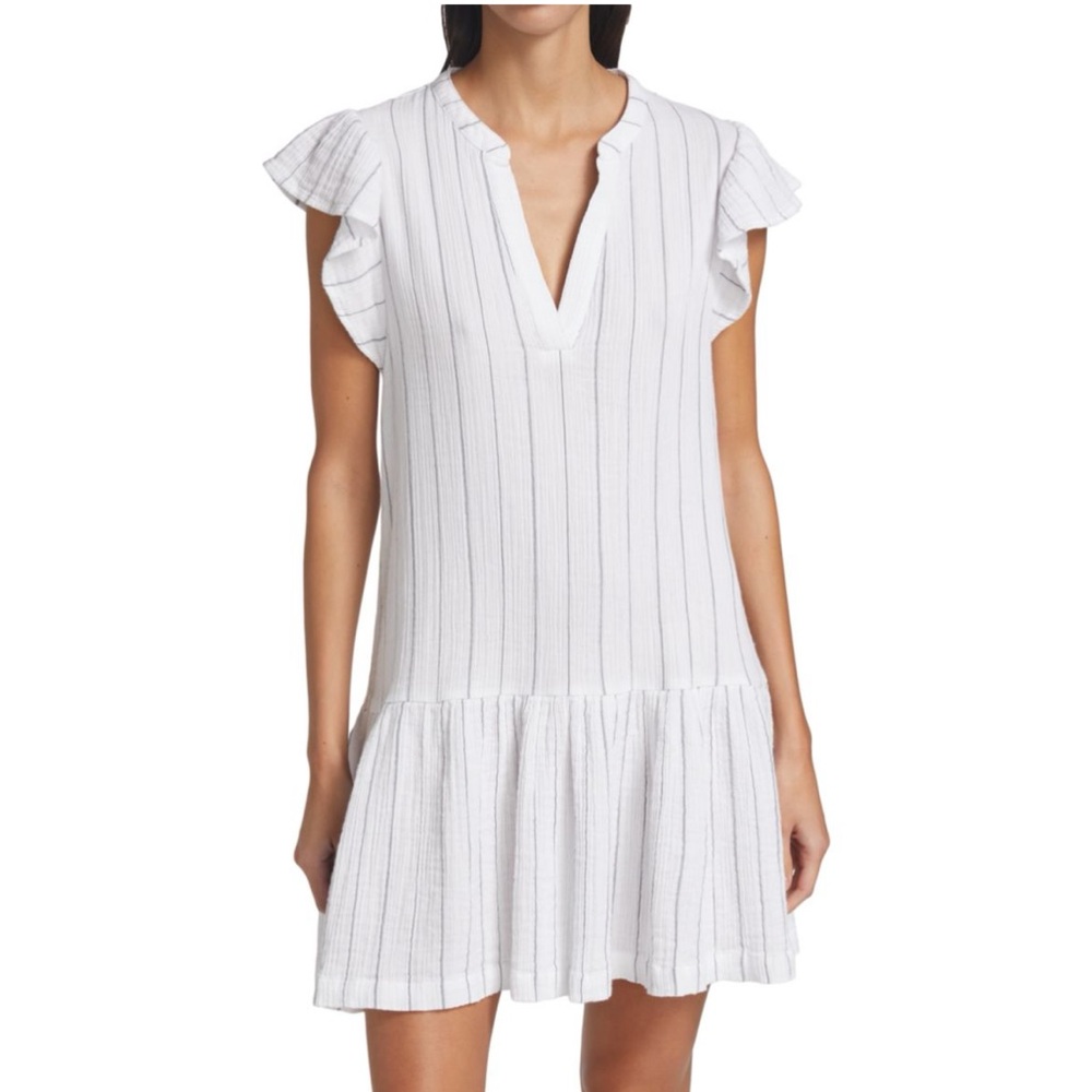 BNWT MONROW Pinstripe Gauze Ruffle Mini Dress Womens Size L White Cotton V Neck